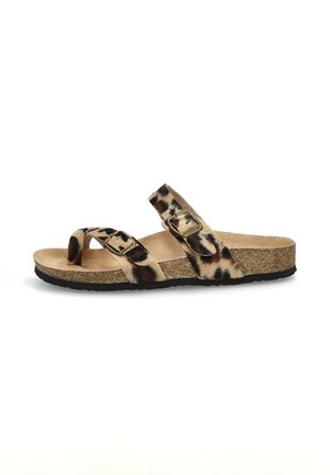 Sandalias estilo slip-on de estampado de leopardo con dos correas ajustables, parte superior de imitación de cuero suave y suela de corcho con suela exterior de goma negra texturizada.