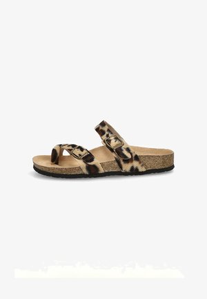 Sandalias estilo slip-on de estampado de leopardo con dos correas ajustables, parte superior de imitación de cuero suave y suela de corcho con suela exterior de goma negra texturizada.