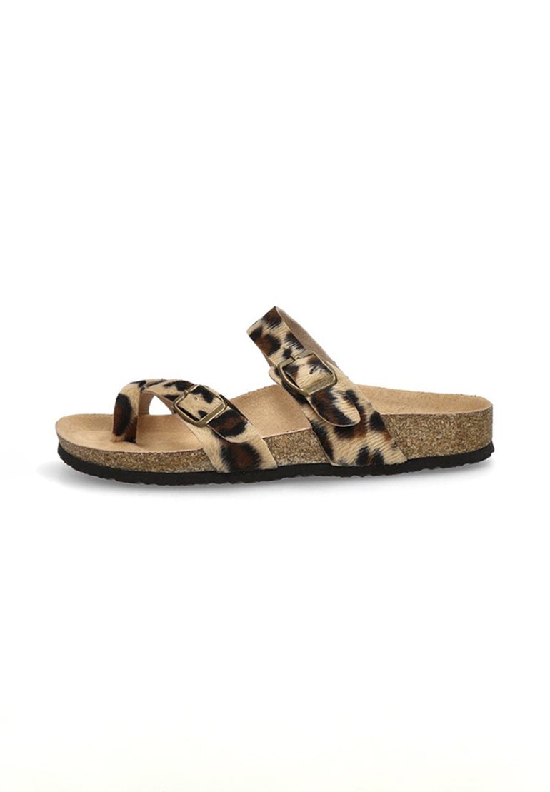 Sandalias estilo slip-on de estampado de leopardo con dos correas ajustables, parte superior de imitación de cuero suave y suela de corcho con suela exterior de goma negra texturizada.