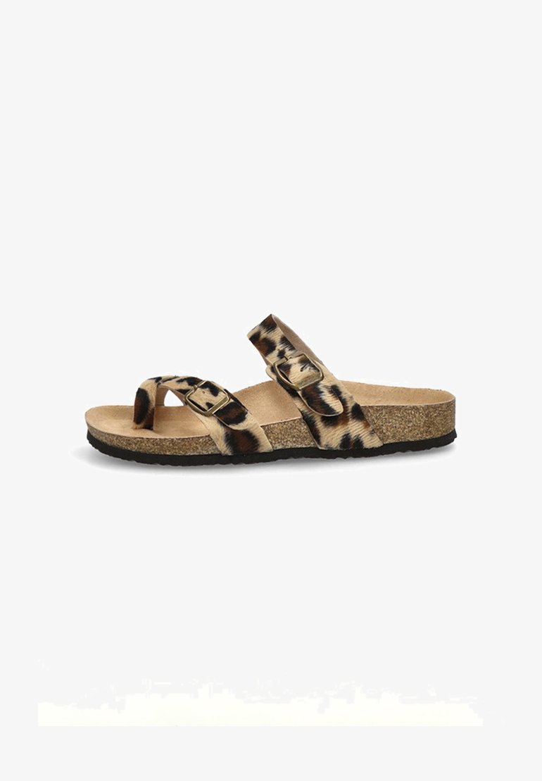 Sandalias estilo slip-on de estampado de leopardo con dos correas ajustables, parte superior de imitación de cuero suave y suela de corcho con suela exterior de goma negra texturizada.