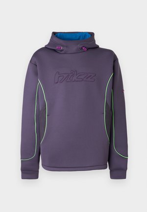 Violette Fleece-Kapuzenjacke mit hohem Kragen, grüner Paspelierung und blauem Innenfutter; verfügt über ein aufgesticktes Logo und elastische Kordelzüge.