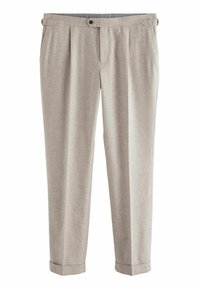 Pantalon gris clair ajusté avec plis à l'avant, fermeture à boutons, passants pour ceinture et ourlets roulés. Fabriqué dans un tissu texturé.