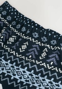 Dark patterned fabric shorts with an elastic waistband. Features a geometric design in shades of navy, blue, and white.