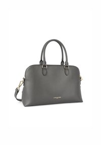 Borsa a mano in pelle grigia con doppie maniglie arrotondate, una tracolla removibile e un logo dorato, caratterizzata da una superficie textures e bordi lisci.