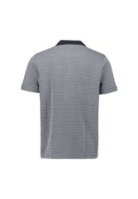 Short-sleeve polo shirt with a small-scale black and white geometric pattern and solid black collar, shown from the back.