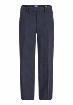 Sötétkék, egyenes szabású nadrág övbujtással, elülső cipzárral és "JACK & JONES" felirattal ellátott derékpánttal.