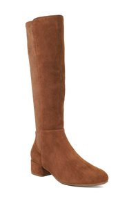 Brown suede knee-high boot with a block heel, rounded toe, and smooth texture. Simple design, featuring a fitted shaft and minimal embellishments.