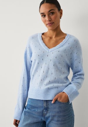 Kvinde med mørkt hår iført en lyseblå V-hals sweater med små hulmønstre, iført blå jeans, poserer med den ene hånd i lommen.
