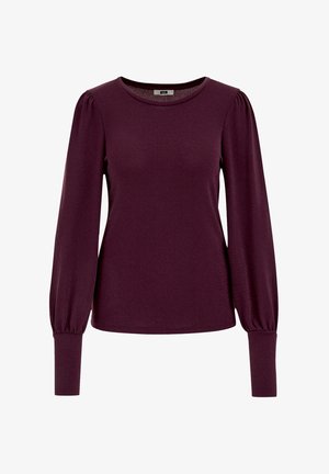 Top lungo borgogna a maniche lunghe con scollatura rotonda, tessuto testurizzato e maniche a sbuffo arricciate. Silhouette aderente, texture liscia e materiale elastico.