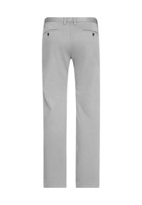 Gray cotton trousers with a straight cut, two back pockets, and a waistband with belt loops, featuring subtle stitching details.