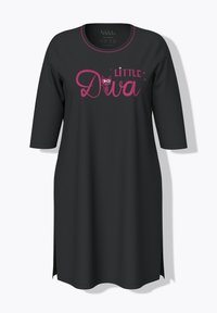 Abito nero a maniche corte con scollatura rotonda, presenta la scritta rosa "LITTLE Diva" e una grafica di un gatto sul davanti, con spacchi laterali.