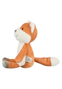 Stuffed fox toy with orange corduroy body, white faux fur accents, and a soft, rounded face. It has a long tail and pastel-colored paws.