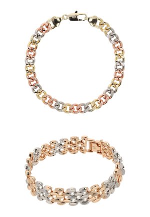 Kaksi metallirannekorua, yksi pyöreä kolmivärinen ketju hummerilukolla, toinen ovaalilenkkinen kaksisävyinen kääntölukolla, molemmat kiillotetut ja heijastavat.