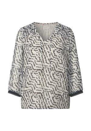 Lehká, průsvitná halenka s výstřihem do V a tříčtvrtečními rukávy, která má monokromatický abstraktní vzor a kontrastní lemové akcenty.