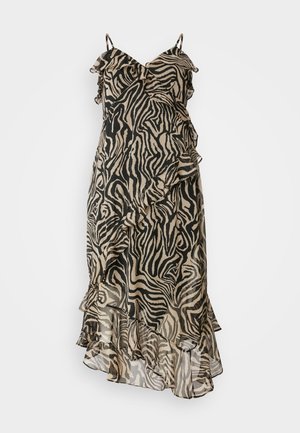 Zebra-mønstret kjole lavet af letvægtsstof; har detaljer med flæser og justerbare spaghetti-stropper; overvejende sorte og beige farver.