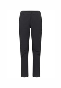 Zwarte sportbroek met een slim fit. Gemaakt van lichtgewicht stof, met een knoopsluiting en ritssluitingen aan de zijkanten. Glad textuur.
