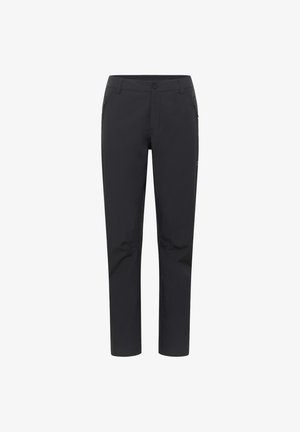 Pantaloni sportivi neri con vestibilità slim. Realizzati in tessuto leggero, con chiusura a bottone e tasche laterali con zip. Texture liscia.