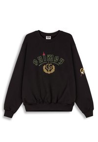 Zwarte sweatshirt met geribbelde ronde hals. Voorkant heeft kleurrijke geborduurde tekst en grafische elementen. Lange mouwen met elastische manchetten, relaxte pasvorm.