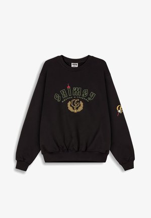 Zwarte sweatshirt met geribbelde ronde hals. Voorkant heeft kleurrijke geborduurde tekst en grafische elementen. Lange mouwen met elastische manchetten, relaxte pasvorm.
