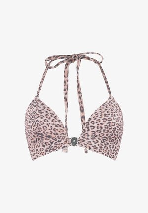 Haut de bikini imprimé léopard avec un design à nouer au cou, des coques rembourrées et un accent central avec des détails en métal, dans des nuances de rose et de brun.