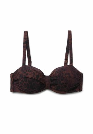 Hnědý a černý bikiny top se zvířecím leopardím vzorem, kosticemi, nastavitelnými ramínky, lehce vypolstrovanými košíčky a na středě sbíraným detailem.