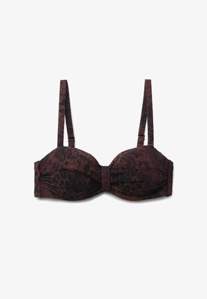 Hnědý a černý bikiny top se zvířecím leopardím vzorem, kosticemi, nastavitelnými ramínky, lehce vypolstrovanými košíčky a na středě sbíraným detailem.