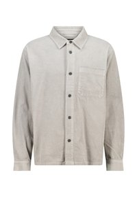 Light gray corduroy shirt with a button-down collar, front pocket, and black buttons. Features vertical ribbed texture and long sleeves.