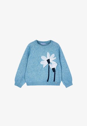 Maglione azzurro realizzato in maglia, con un motivo floreale bianco e accenti blu scuro. Collo rotondo, vestibilità ampia, polsini a coste.