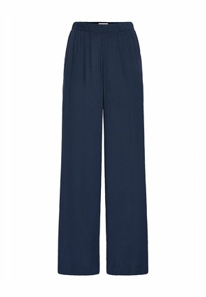 Navy blue wide-leg trousers with a relaxed fit, elastic waistband, and smooth texture. No visible patterns or hardware details.