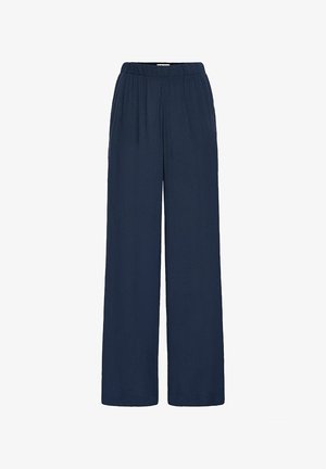 Tumed sinine laiad püksid mugava lõikega, elastse vöökoht ja sile tekstuur. Pole nähtavaid mustreid ega riistvara detaile.