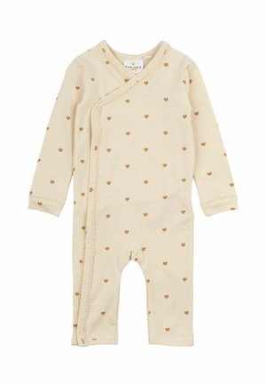 Beige Baumwollbabystrampler mit Herzmustern, langen Ärmeln, Wickeldesign, Spitzenbesatz und Knöpfen an der Seite für ein einfaches Ankleiden.