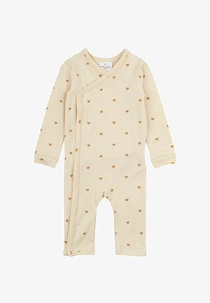 Bodysuit pour bébé en coton beige avec des motifs de cœurs, manches longues, design en portefeuille, finition en dentelle et boutons sur le côté pour un habillage facile.