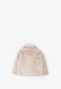 Giacca in pelliccia sintetica di un delicato rosa pallido, caratterizzata da un colletto alto, un design accorciato e una superficie morbida e testurizzata. Nessun hardware o accenti visibili.