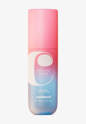 Fles met verloop van roze naar blauw van Cacharel Violette Sugar all-over parfummist, 100 ml, met roze dop en witte letters.