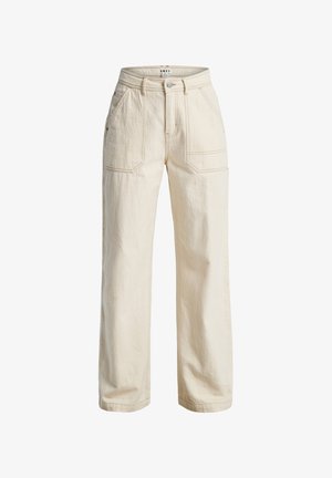 Beige wide-leg pants made of textured fabric, featuring a high waist, front pockets, and contrasting stitching along the seams.