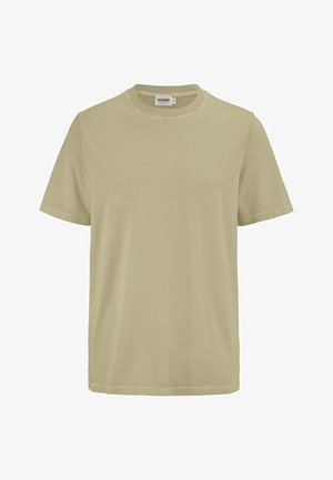 Beige T-shirt met korte mouwen en ronde hals, gemaakt van katoen, met een klein merkembleem aan de achterkant van de binnenkraag.