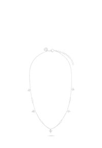 Zilveren ketting met kleine ronde schakels en trinity-vormige hangers die gelijkmatig langs de ketting zijn verdeeld. Inclusief verstelbare sluiting.