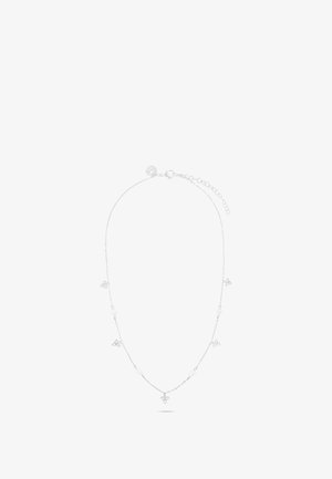 Zilveren ketting met kleine ronde schakels en trinity-vormige hangers die gelijkmatig langs de ketting zijn verdeeld. Inclusief verstelbare sluiting.