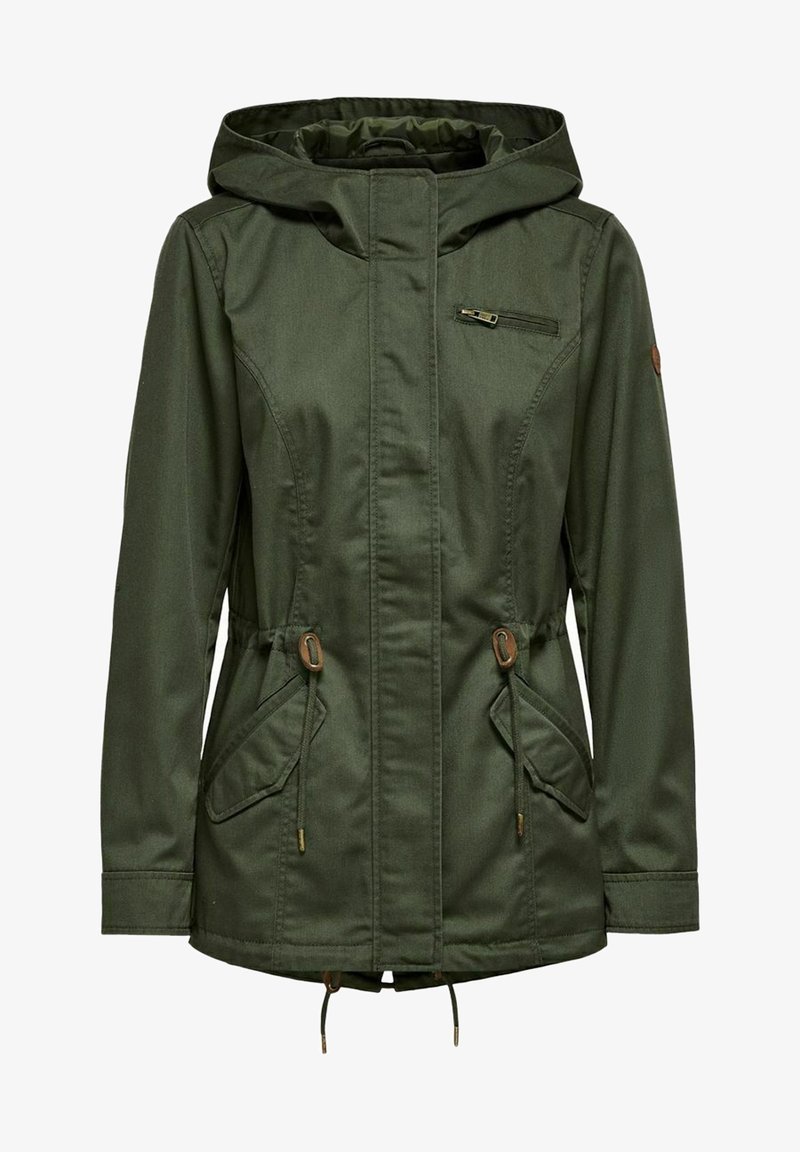 Veste à capuche vert foncé avec fermeture éclair devant, col montant, cordons de taille ajustables, poches latérales à rabat et poche poitrine zippée.