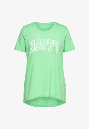 Hellgrünes T-Shirt mit kurzen Ärmeln und rundem Ausschnitt, mit dem Schriftzug "HAPPY" in großen weißen Umrissbuchstaben auf der Brust.