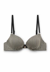 Gestreifter schwarzer und beiger gepolsterter BH mit Bügel, verstellbaren schwarzen Trägern und zentralem Verschluss. Weicher Stoff mit strukturierter Oberfläche.