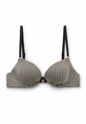 Pasekowany czarno-beżowy miękki biustonosz z fiszbinami, regulowanymi czarnymi ramiączkami i zapięciem na środek. Miękka tkanina o fakturowanej powierzchni.