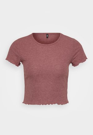 Short-sleeve, cropped top in a ribbed texture, featuring a round neckline and ruffled sleeve edges, in a muted burgundy color.