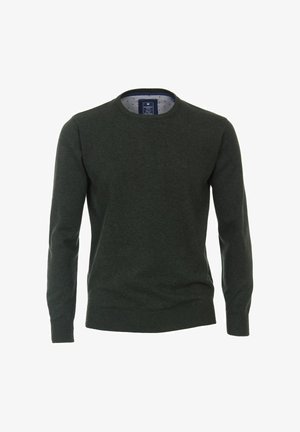 Green crewneck sweater made of knit fabric, featuring long sleeves and a ribbed hem. Inside collar has a striped pattern.