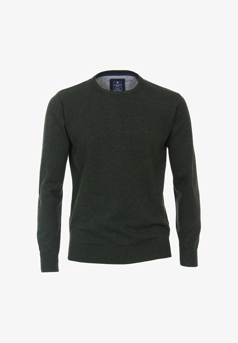 Green crewneck sweater made of knit fabric, featuring long sleeves and a ribbed hem. Inside collar has a striped pattern.