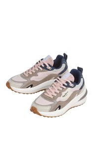 Sneakers featuring a combination of light pink, beige, and navy blue suede and mesh materials, with a white midsole and textured rubber outsole.