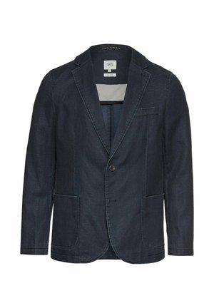 Navy blue blazer made of textured fabric, featuring a single button closure, two front pockets, and a notched lapel design.