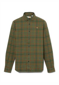 Groene flanellen shirt met een geblokt patroon in bruin en zwart. Voorzien van een knoopsluiting aan de voorkant en een klein logo op de borstzak.