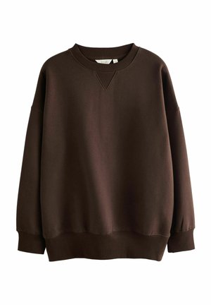Sweat-shirt col rond marron foncé avec poignets, ourlet et col côtelés, présenté sur un fond blanc uni.