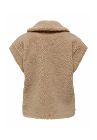 Veste en polaire teddy beige à manches courtes avec large col, tissu doux texturé, vue de dos.